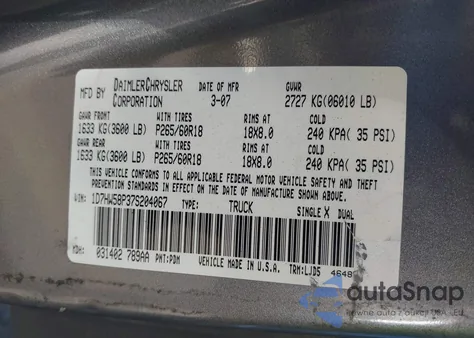 2007 Dodge Dakota Laramie z USA, uszkodzony, nr VIN 1D7HW58P37S204067
